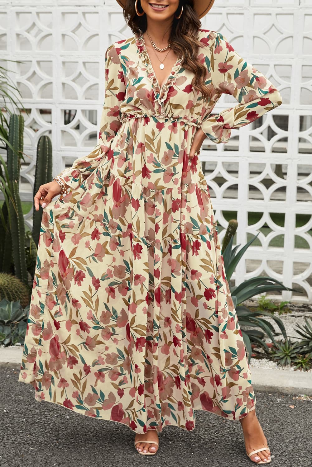 Floral Frill Trim Flounce Sleeve Plunge Maxi Dress