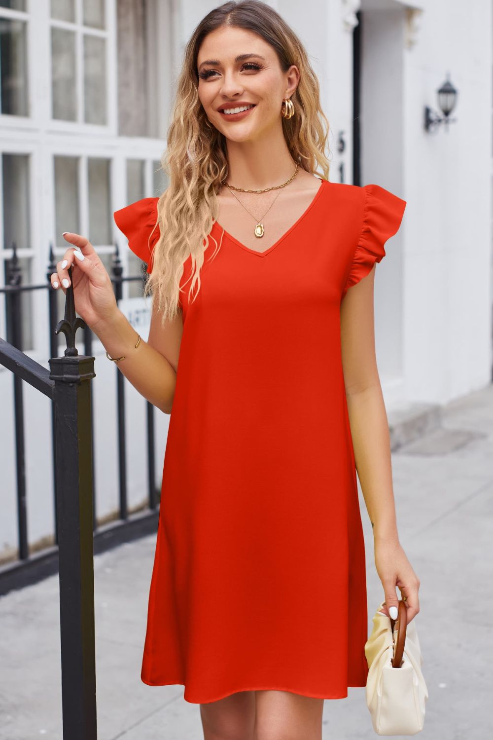 Ruffled V-Neck Flutter Sleeve Dress